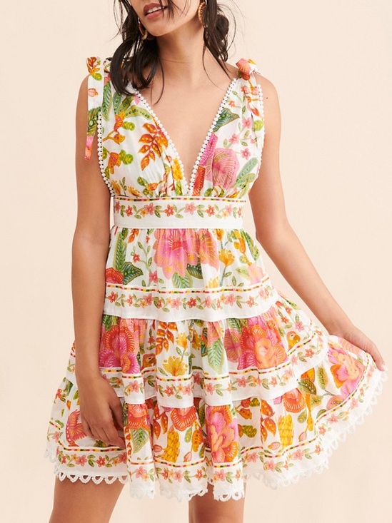 FARM Rio Dresses & Skirts - FARM Rio Macaw Bloom Tie-Strap Tiered Floral Print Mini Dress Size M